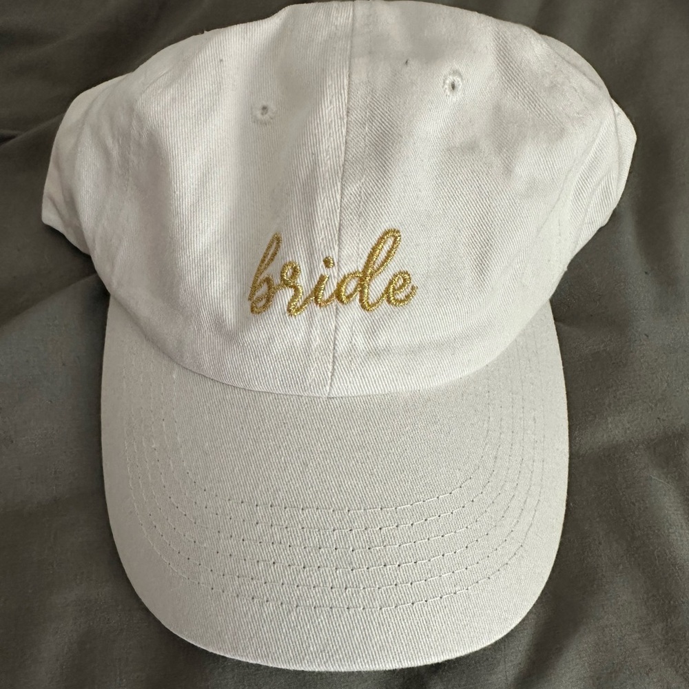 White Bride Hat with Gold Script